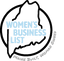 A line drawing of the state of Maine in black with the light blue words "Women's Business List" centered over the state  and around the edges reading "Maine Built, Women Owned"