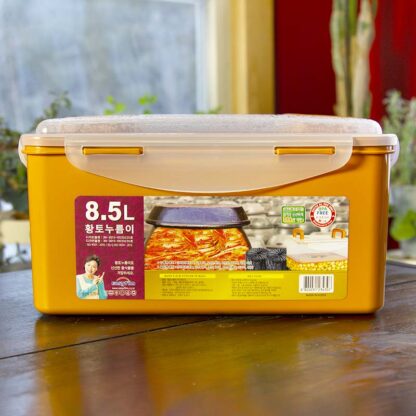 Kimchi fermentation box displayed on a wooden dining table with plants in the background